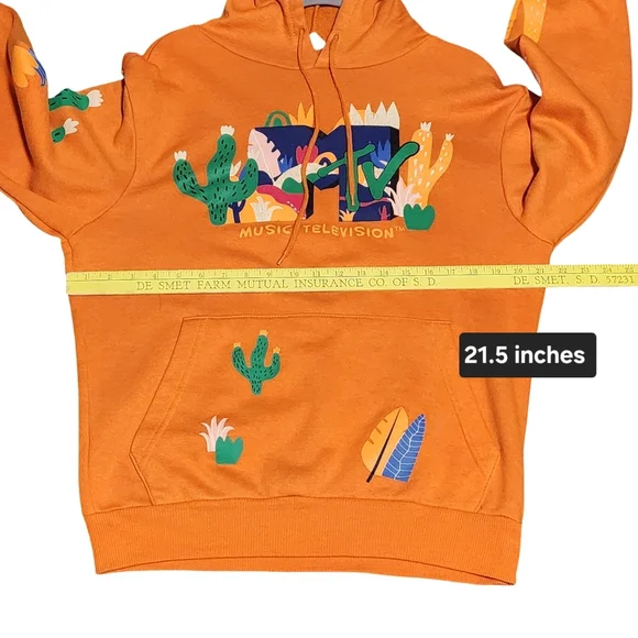 MTV Cactus Print Hoodie Unisex Small Orange Retro Graphic Pullover - Picture 9 of 13